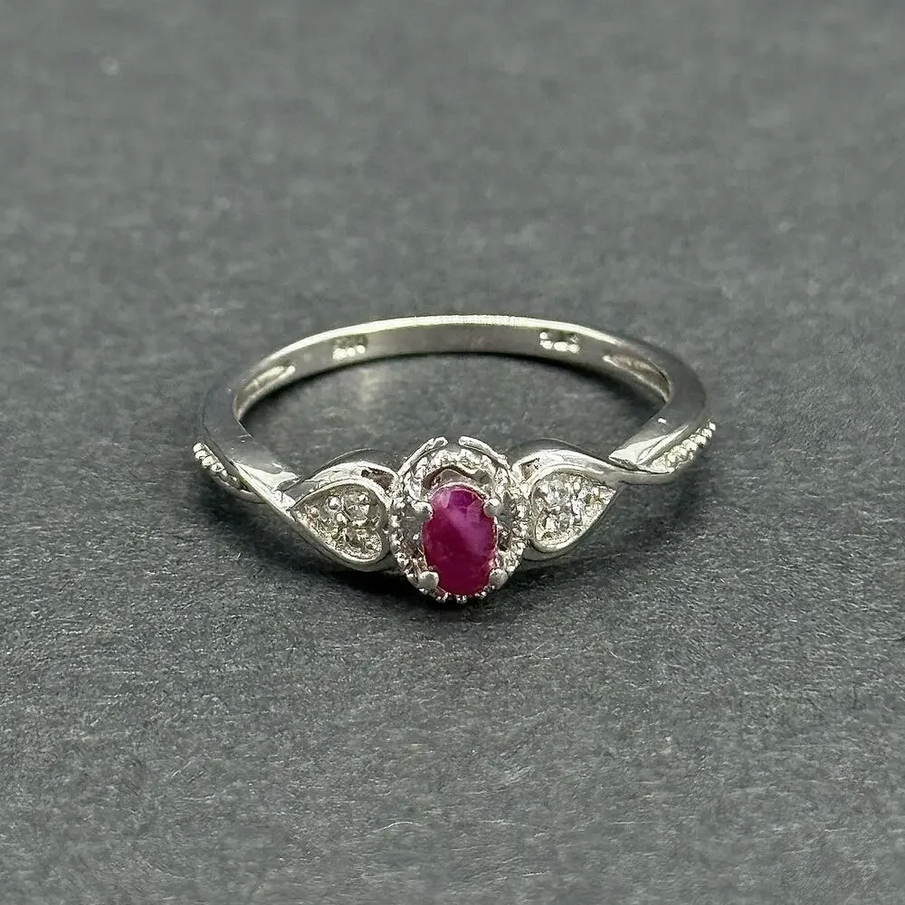 Signed STS 925 Sterling Silver Oval Ruby White Topaz Heart Accent Ring Size 9